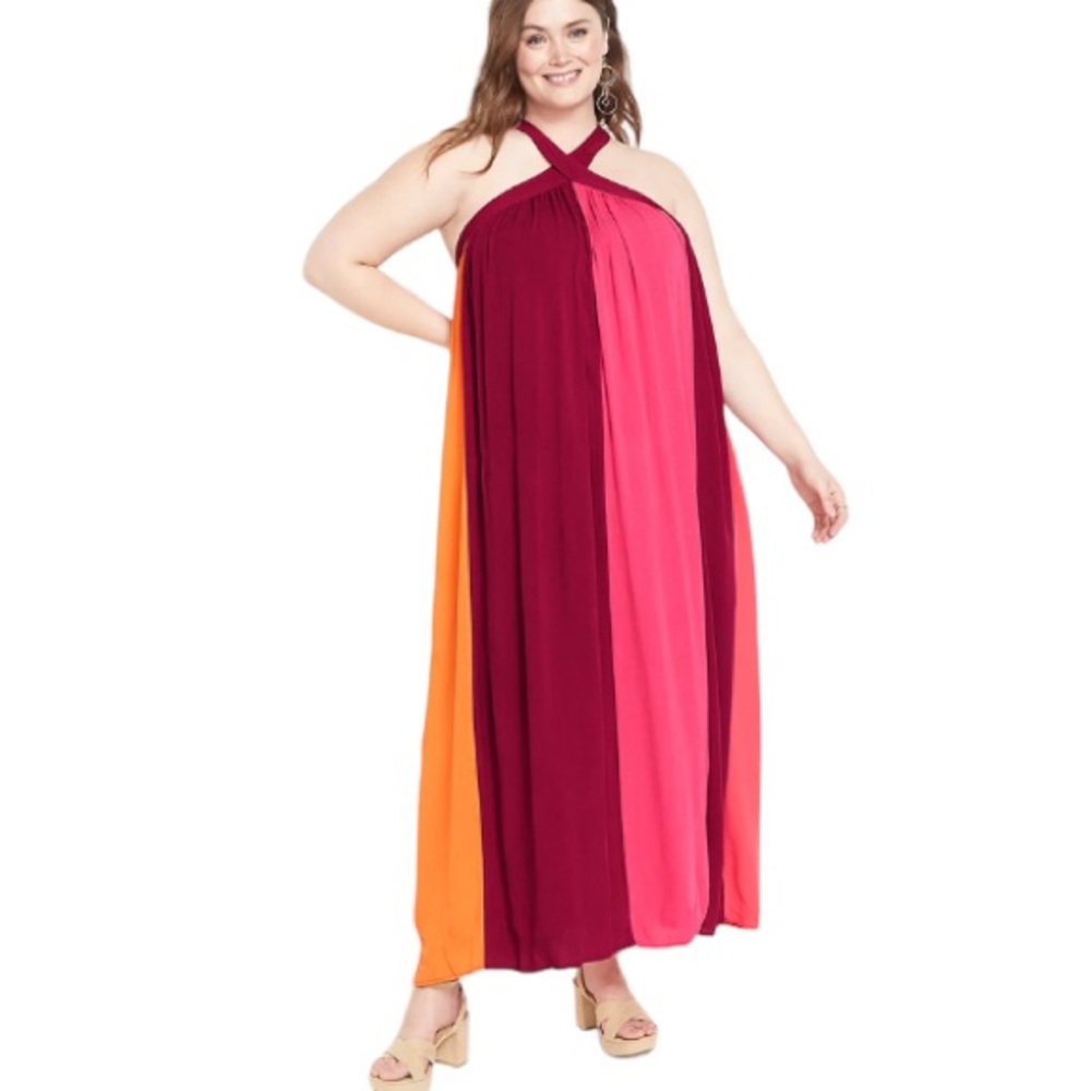LANE BRYANT | NEW Halter Colorblock Striped Gauzy Lined Maxi Dress size 18/20